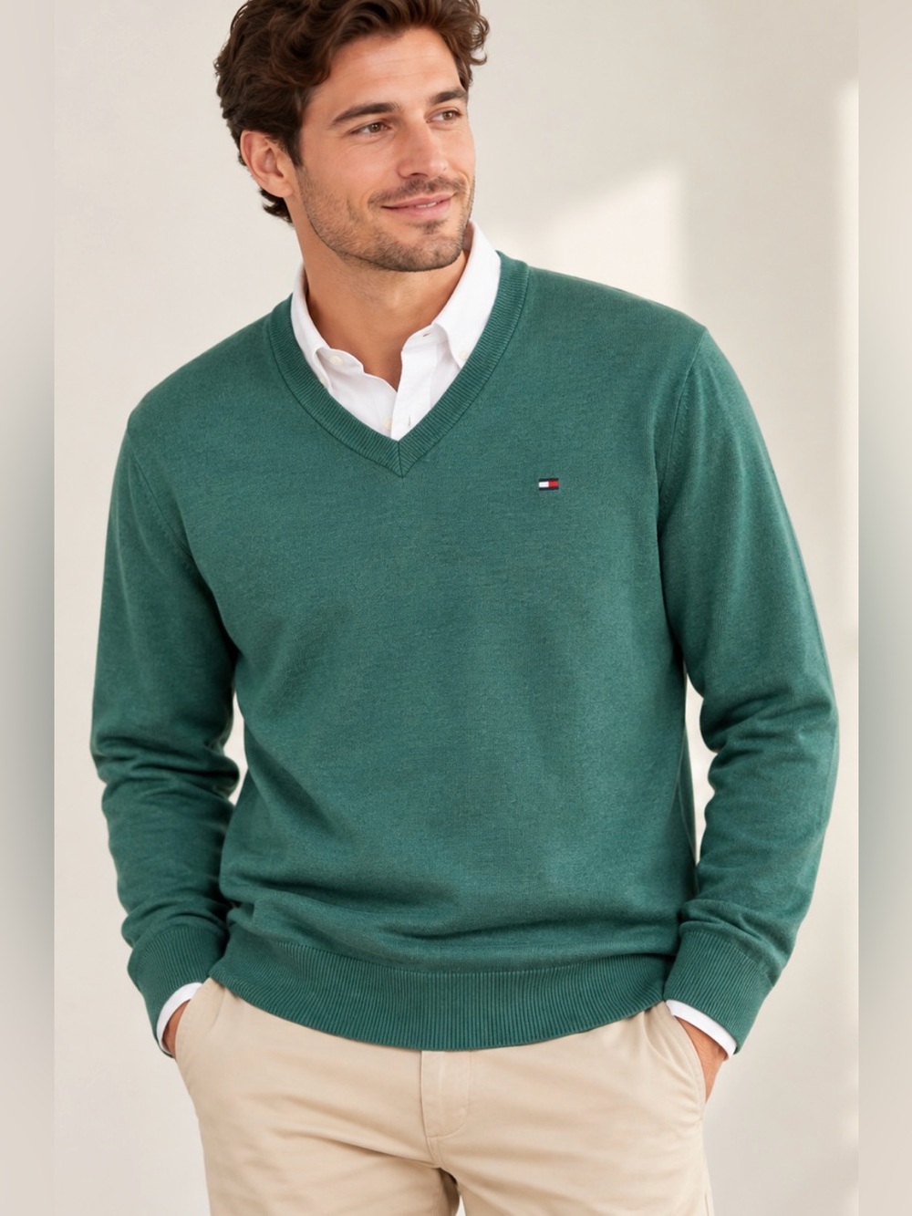 Tommy Hilfiger Men’s XL Teal Green V-Neck Sweater 100% Cotton Pullover Logo